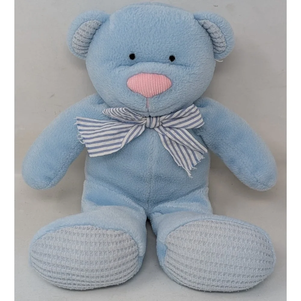 RUSS Blue Plush Teddy Bear Thermal‎ Waffle Feet Ears Rattle Bow Baby Lovey Y2K
